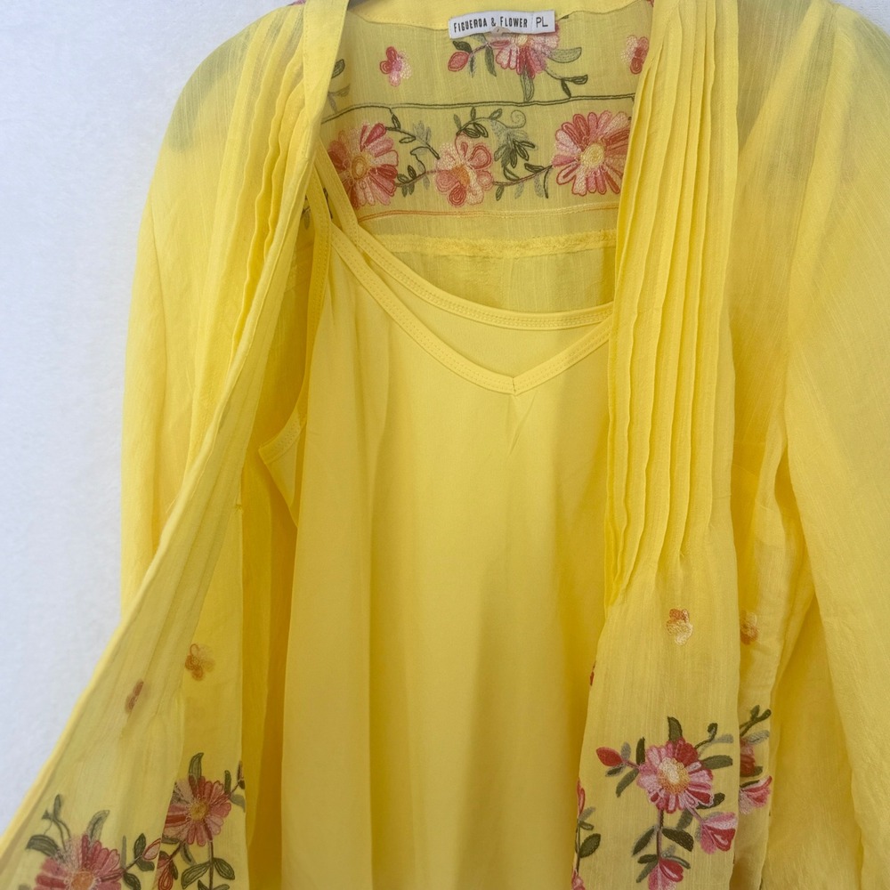 Figueroa & Flower Embroidered Blouse Womens PL Yellow Floral Pintuck Peasant Top - Picture 2 of 8